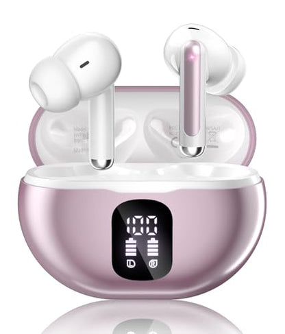 Wireless Earbuds, Bluetooth 5.4 Ear Buds Bass Stereo, Headphones with Noise Cancelling Mic, LED Display in Ear Earphones Clear Calls, IP7 Waterproof Bluetooth Earbuds for Phone/Android/iPad, Pink - color: Pink