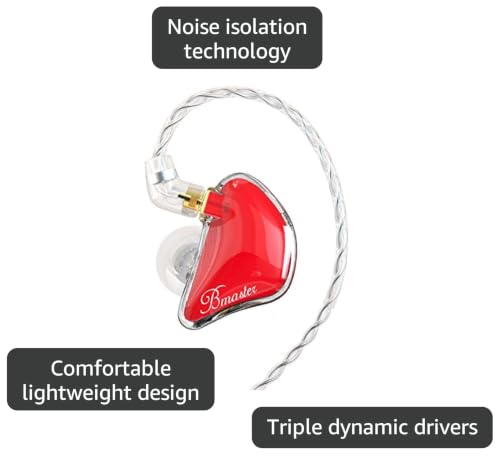 BASN Bmaster in Ear Monitor Musician Headphones Triple Drivers Dynamic Earbuds Sound Isolating Earphones with Two Detachable Audio & Mic Cables (Red) - color: Red
