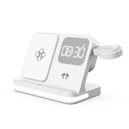 AYI 4in1 Multi Functional Wireless Charging Station with Digital Alarm Clock 15W Fast Charger Night Light Wireless Charger for All Qi Phone and Earbud Headphone Compliant with i-Watch-B22 White - color: Wireless Charger B22 White