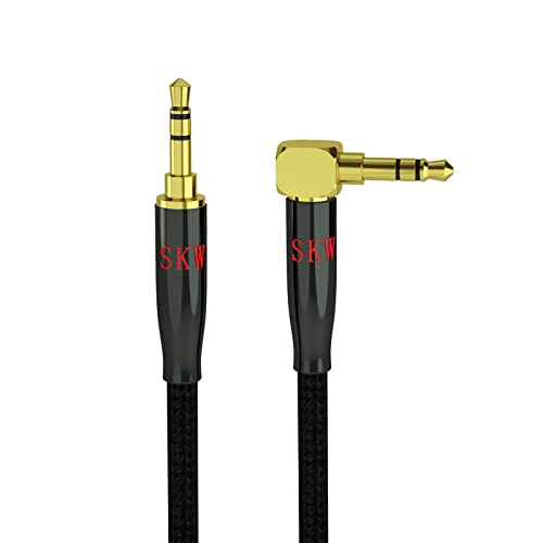 SKW Audiophile 3.5mm Right-Angle Stereo Aux Cable 1/8" TRS 1.6ft/0.5m | Dual-shielded, gold-plated contacts, nylon-braided jacket, sturdy and durable, Hi-Fi stereo fidelity, 90 degrees - color: Black-straight to bend, size: 1.6ft (0.5m)