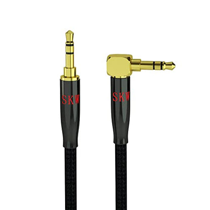 SKW Audiophile 3.5mm Right-Angle Stereo Aux Cable 1/8" TRS 9.8ft/3m | Dual-shielded, gold-plated contacts, nylon-braided jacket, sturdy and durable, Hi-Fi stereo fidelity, 90 degrees - color: Black-straight to bend, size: 9.8ft (3m)