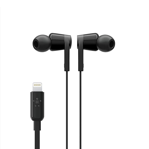Belkin Wired Earbuds with Lightning Connector, Built-in Mic | In-ear headphones, tangle-free cable, inline remote, volume and track controls, water resistant, iPhone, iPad - color: Black, size: One Size, style: LTG