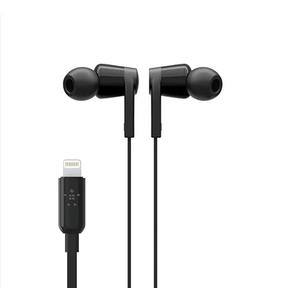 Belkin Wired Earbuds with Lightning Connector, Built-in Mic | In-ear headphones, tangle-free cable, inline remote, volume and track controls, water resistant, iPhone, iPad - color: Black, size: One Size, style: LTG