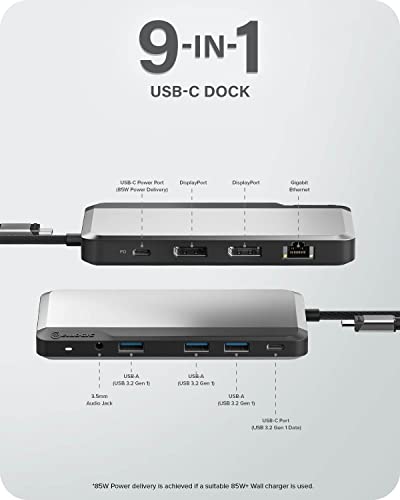 ALOGIC MX2 Lite USB-C Docking Station, Dual DisplayPort Full HD 1080p, 85W Power Delivery, 3 USB-A, 2 USB-C, Gigabit Ethernet, Audio Jack, Laptop Dock for Windows, Mac & ChromeOS