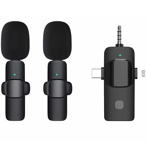 3 in 1 Wireless Lavalier Microphones for iPhone, ipad, Android, Camera, 2 PCS Mini Lapel Mic with Noise Reduction for Video Recording, Interview, YouTube, Live Stream (2 Mics - 3 in 1, Black)