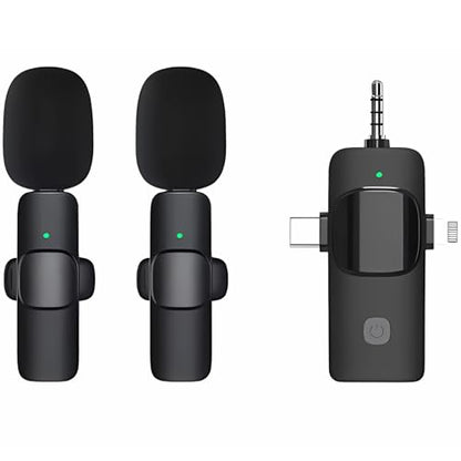 3 in 1 Wireless Lavalier Microphones for iPhone, ipad, Android, Camera, 2 PCS Mini Lapel Mic with Noise Reduction for Video Recording, Interview, YouTube, Live Stream (2 Mics - 3 in 1, Black)