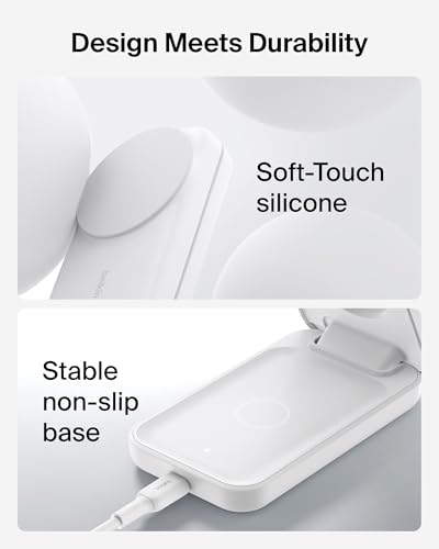 Belkin Qi2.2 25W Wireless 3 in 1 Foldable Fast Charging Station for iPhone | Fast Charigng, MagSafe Compatible, iPhone 17/16/15, Apple Watch, AirPods, Travel Charger, Magnetic - color: White