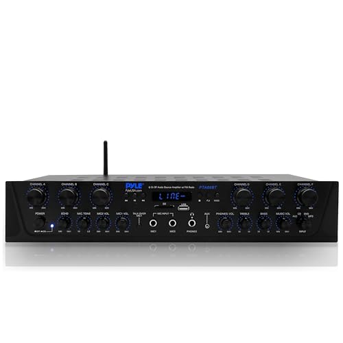 Pyle Bluetooth Home Audio Amplifier - 6 Channel Stereo Receiver Amp, 600 Watt Power, Commercial or Karaoke with Mic Talkover, Headphone Jack, 1/4'' Microphone In, USB SD AUX RCA FM Radio