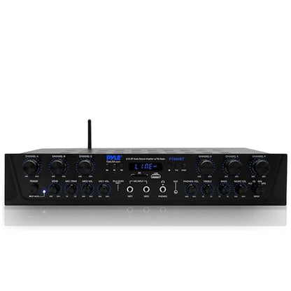 Pyle Bluetooth Home Audio Amplifier - 6 Channel Stereo Receiver Amp, 600 Watt Power, Commercial or Karaoke with Mic Talkover, Headphone Jack, 1/4'' Microphone In, USB SD AUX RCA FM Radio