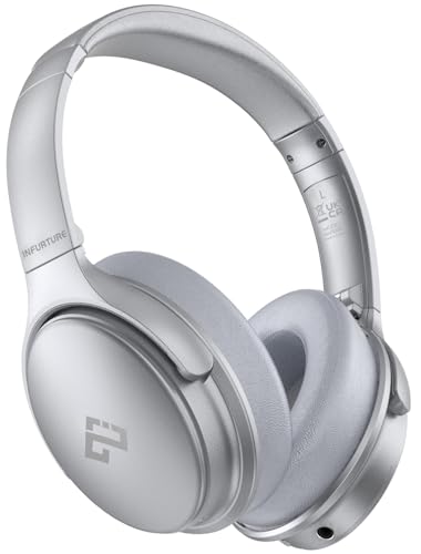 INFURTURE H1 Active Noise Cancelling Bluetooth Headphone Over Ear Deep Bass | Comfortable, Hi-Fi Stereo, 90H Playtime, Low Latency, Foldable Lightweight for Travel, Office, Sport Running - White - color: Silver