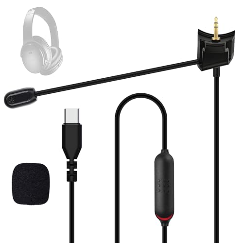 QC35 Boom Microphone Cable, 2.5mm Boom Gaming Microphone Cable with Mute Control for Bose QC35 & QC35 II Headphone, USB C Replacement Audio Cable Cord Boom Mic for iPhone 17/16 Smartphone iPad Tablet