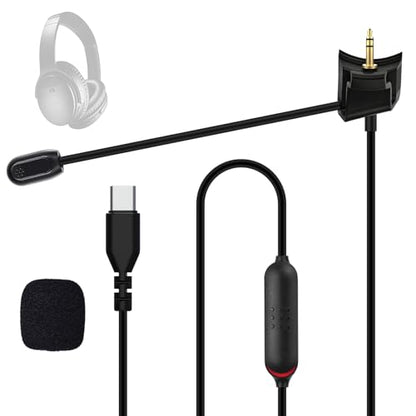 QC35 Boom Microphone Cable, 2.5mm Boom Gaming Microphone Cable with Mute Control for Bose QC35 & QC35 II Headphone, USB C Replacement Audio Cable Cord Boom Mic for iPhone 17/16 Smartphone iPad Tablet