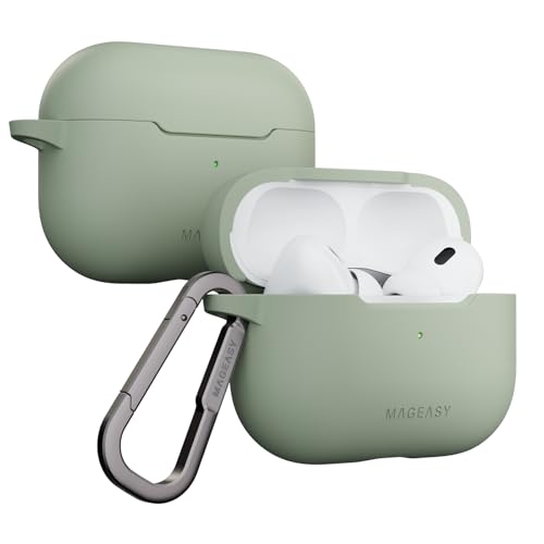 MAGEASY Skin AirPods Pro 2 Case Cover with Keychain Carabiner, Magnetic Locking TPU Shockproof Case Cover for Apple Air Pods Pro 2nd /1st Generation, Soft Silicon Stain-Resistant Cover (Desert Green) - color: Desert Green, size: AirPods Pro 2 & AirPods Pr