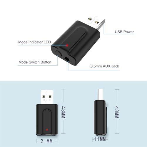 USB Bluetooth 5.0 Transmitter Receiver, 2-in-1 Mini Wireless Audio Adapter, 3.5mm Bluetooth AUX Adapter for TV PC Headphones Speakers Car/Home Stereo System, USB Power Supply
