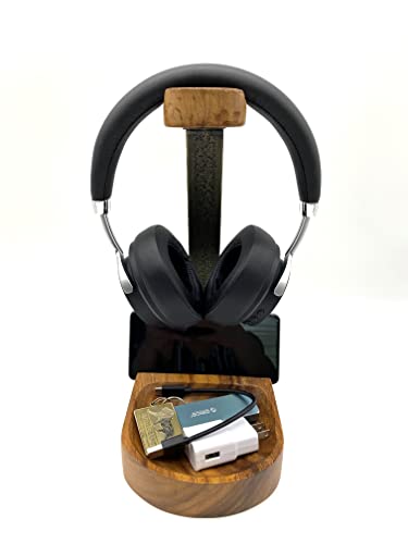 Headphone & Phone Stand, Dual Acacia Wood Holder with Tray, Desk Organizer | Solid wood headset & phone stand with tray for gaming & home office desks, universal fit for most headphones & cell phones - style: Wooden Headset Cell Phone Holder