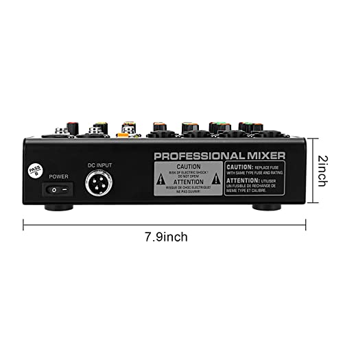 6-Channel Stereo Audio Mixer with Stepped Knobs, Mini Sound Board with 2 True Stereo Inputs, Mono/Stereo Switch, Precise Detented Pots, 16 DSP Effects, 48V Phantom for Keyboards, Studio