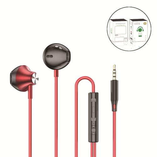 Wired in-Ear Headphones with Microphone, 3.5mm Jack Earphones | 3.5mm Jack Earphones with Remote and Mic. Compatible with Smartphones. Use in everyday routines. For practical routines. - color: Red, 3.5mm Round Tip