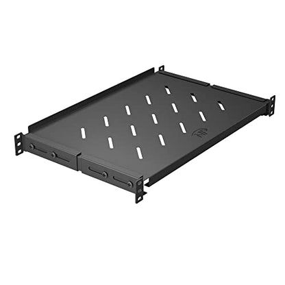 Vented 4-Post Shelf, Adjustable, Black, 300 mm Depth, 1U, 242 lbs, Cold Rolled Steel - size: 12" Deep