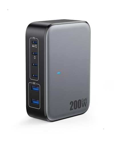USB C Charger 200W USB Charging Block,6 Ports Foldable Wall Charger Outlet Plug,QC4.0 Fast Charging Station Hub,PD 65W Laptop Adapter for MacBook Pro/Air,Dell,iPhone 17/16/15,Galaxy (Black)