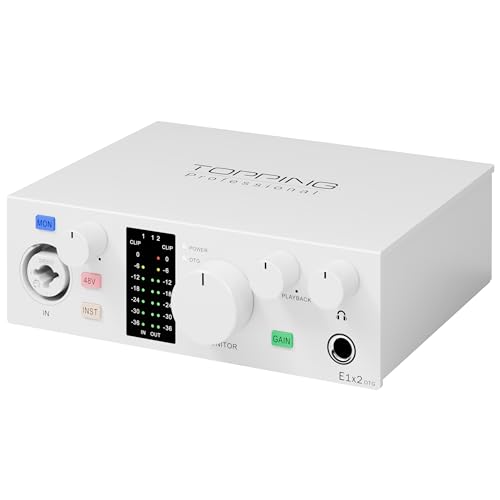 TOPPING E1X2 OTG USB Audio Interface | XLR Mic Preamp, 48V Phantom Power, 24bit/192kHz, 8 DAW/6 Loopback Channels, PC & Mobile Recording, Dual Livestream, Zero-Latency Mixer, High-Res Playback(White)