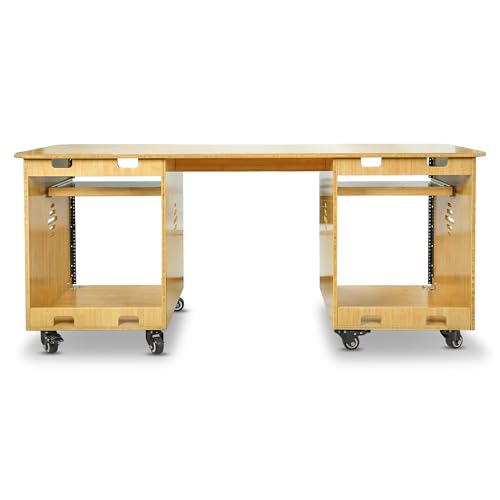 Sound Town Studio Desk Workstation with Dual 13U Side Rack Cabinets, Slide-Out Trays, Casters, for Recording Rooms and Home, Solid Carbonized Bamboo (SDRK-WS69CB) - size: 2X13U(3U Top+10U Lower),Carbonized Bamboo