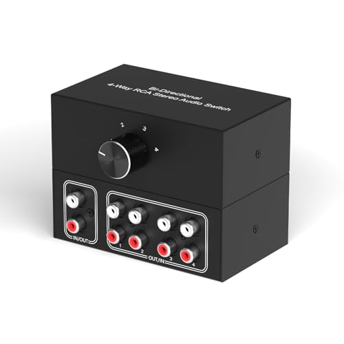 LVY 4-Way Stereo Audio Selector, Bi-Directional L/R Audio Switcher Splitter Box Suitable for Connecting Blu-ray Players or DVD Players to Multiple Stereo Speakers (4in1out/1in 4out)