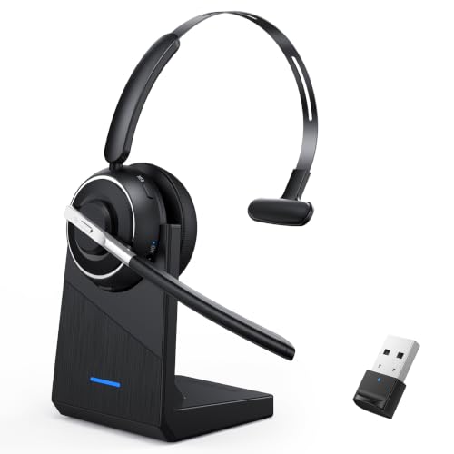 Bluetooth Headset, Wireless Headset with Microphone for PC, V5.2 Computer Headset with Noise Cancelling Mic, USB Dongle, Charging Base & Mute Button for Work, Cell Phones, Computer (Black) - color: Black