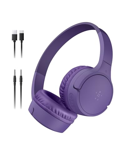 Belkin SoundForm Mini Bluetooth Kids Headphones, On Ear, 30H Battery Life | Toddler headphones, 85dB Volume Limit, Built-in Mic, Wired Connection Option, iPad, Android Tablet, School, Travel - color: Purple, style: Wireless (USB-C)