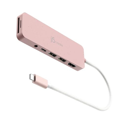 j5create USB-C Pink Multi-Port Hub with Power Delivery with 4K HDMI/2 USB-A | PD 100W Charging SD&Micro SD/3.5mm Audio | for MacBook/iPad Pro/iMac/Surface/XPS/Thinkpad/Galaxy/and More(JCD373ER) - color: Earth Rose