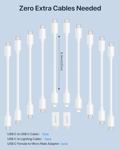 SooPii 100W 10-Port USB Charging Station, 10 USB-C PD Fast Charging Compatible with Phone,lPad,Galaxy, and Other Electronics, 10 Mixed Charging Cables Included (White) - color: White