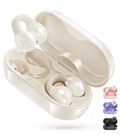 King Lucky i21 Open Ear Clip On Earbuds Wireless Bluetooth Ear Clip Headphones with Mic,Noise Cancelling, Waterproof IPX4,for Small Ears,Perfect for Running,Sports,Glasses Wearers (White) - color: White