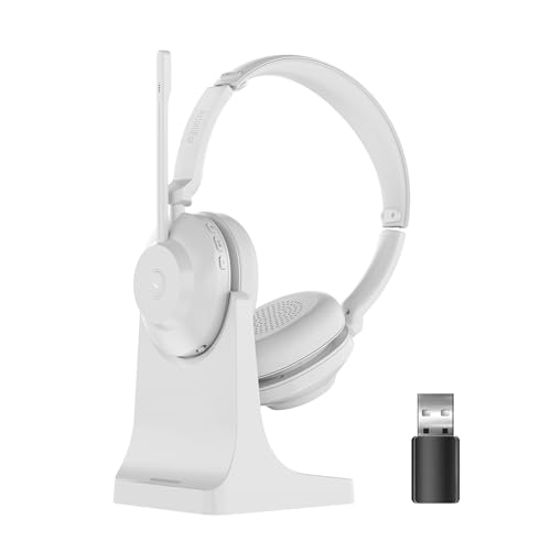 Bluetooth Wireless Headset with Mic for Work, Advanced Noise Reduction Microphone, Clear Calls - Comfortable On-Ear Headphones, Bluetooth 5.3, Applicable to Laptop, PC, Zoom, Office(White) - color: White