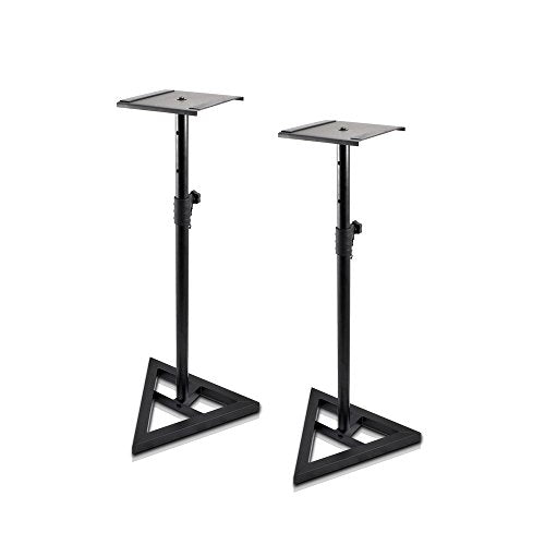 Pyle Universal Monitor Speaker Stands - Heavy Duty Studio Speakers Holder 9” Metal Square Platform 26” - 52” Telescopic Height Adjustment & Three-Point Triangle Base Plate w/ Floor Spikes - AZPSTND35