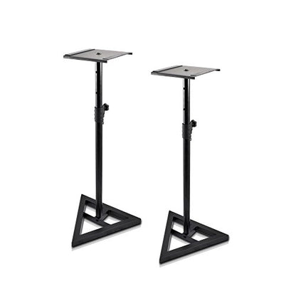 Pyle Universal Monitor Speaker Stands - Heavy Duty Studio Speakers Holder 9” Metal Square Platform 26” - 52” Telescopic Height Adjustment & Three-Point Triangle Base Plate w/ Floor Spikes - AZPSTND35