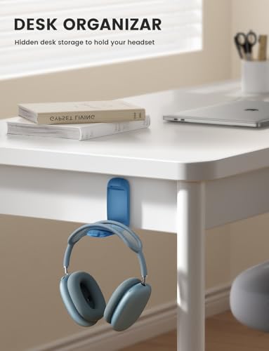 Lamicall Headphone Stand, Sticky Headset Holder, Foldable Headphone Holder | Compact Headphone Hook Mount, Adhesive Hanger Clip Under Desk, Earphone Clamp for Airpods Max, HyperX, Sennheiser, Blue - color: Blue