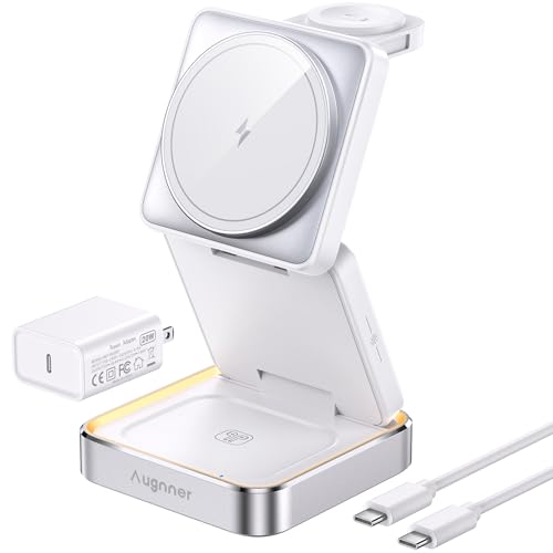 【2026 Upgraded】Wireless Charger 3 in 1, Foldable Wireless Charging Station with Light for Apple Magnetic Charger, Travel Magnetic Charger for iPhone 17/16/15/14/13/12 Apple Watch AirPods (20W Adapter) - color: white