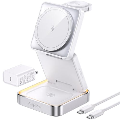 【2026 Upgraded】Wireless Charger 3 in 1, Foldable Wireless Charging Station with Light for Apple Magnetic Charger, Travel Magnetic Charger for iPhone 17/16/15/14/13/12 Apple Watch AirPods (20W Adapter) - color: white