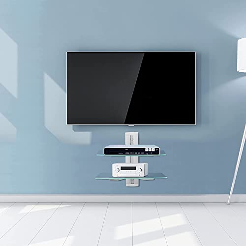suptek 2 Tiers Glass Floating Shelves, Flat Black Wall Mount Bracket, AV Shelf, Media Shelf for DVD Player / PS4 / Cable Boxes/Game Consoles/Sky Box/TV Accessories, 17.6kg Load Capacity - color: Silver 2 Tiers