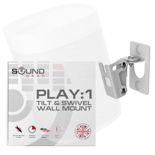 Sound Bass Play 1 Wall Mount, White, Single (1pc) Adjustable Tilt & Swivel | Compatible with Sonos Play:1 Only, Adjustable Swivel & Tilt Mechanism,Includes All Mounting Fixings - color: White