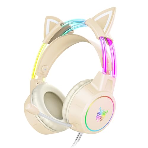 Lightweight Gaming Headset, RGB Lighting, Wired Over Ear Headphones with Mic for PC Laptop PS4 PS5 Switch, Stereo Surround Sound, Self-Adjusting Headband, Beige Cat Ear - color: Beige Cat Ear