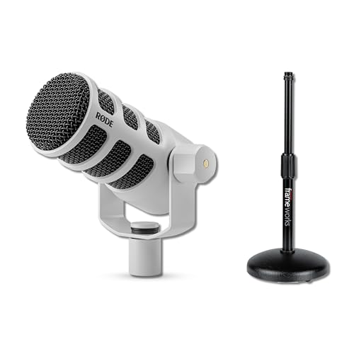 Rode PodMic Cardioid Dynamic Broadcast Microphone (White) with Round Base Desktop Mic Stand and XLR Cable