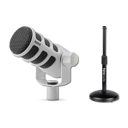 Rode PodMic Cardioid Dynamic Broadcast Microphone (White) with Round Base Desktop Mic Stand and XLR Cable