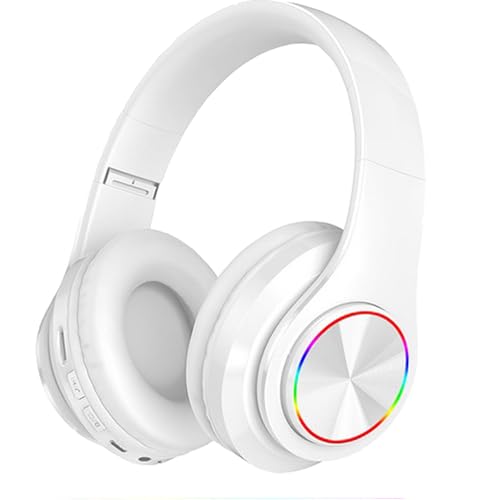 Wireless Bluetooth Headphones with Colorful LED Lights, White | HiFi Stereo Sound,Light Weight,Foldable,Colorful Backlit,Rechageable,Over Ear Headset for PC/Travel/Class/Office/Kids/Adult - color: White