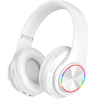 Wireless Bluetooth Headphones with Colorful LED Lights, White | HiFi Stereo Sound,Light Weight,Foldable,Colorful Backlit,Rechageable,Over Ear Headset for PC/Travel/Class/Office/Kids/Adult - color: White