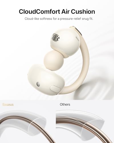 Baseus Bowie MC2 Air Open Ear Clip-on Earbuds, CloudComfort Air Cushions for Workout Running, 11mm Drivers Super Bass 2.0, IP67 Waterproof, 40H Playtime, Flexible Secure Fit Earbuds - color: White