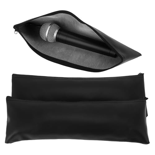Microphone Bags, PU Leather Zipper Storage Pouch for Wireless Mic Protector, Portable Carrying Microphone Case, Black, 2 Pcs