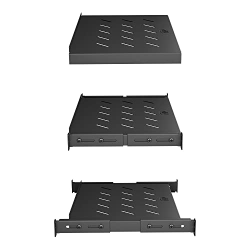 Vented 4-Post Shelf, Adjustable, Black, 300 mm Depth, 1U, 242 lbs, Cold Rolled Steel - size: 12" Deep
