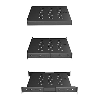 Vented 4-Post Shelf, Adjustable, Black, 300 mm Depth, 1U, 242 lbs, Cold Rolled Steel - size: 12" Deep