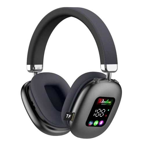Wireless Bluetooth Over-Ear Headphones with Mic, LED Display, Deep Bass Stereo Sound, Low Latency, Noise Cancelling Mic, Lightweight Headset for Work, Home, PC, Phone (Black) - color: Black