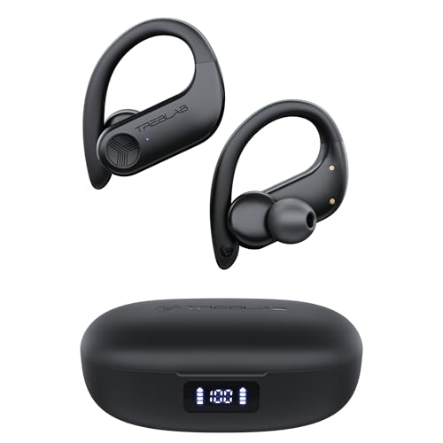 TREBLAB X3-Pro Earbuds Wireless Bluetooth, Earhook IPX5 12H Powerbank | Bluetooth Running Headphones, gaming mode 60ms, wireless charging case, secure earhook, ENC mics, BT 5.3, 9g ultra-light - color: Black Logo